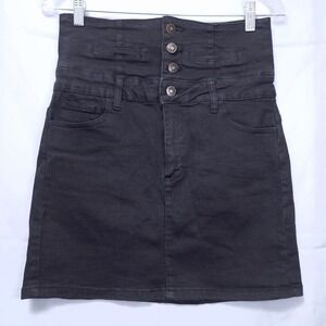 Forever 21 Denim Mini Skirt Super High Waisted 4-Button Fly Black Women M Grunge